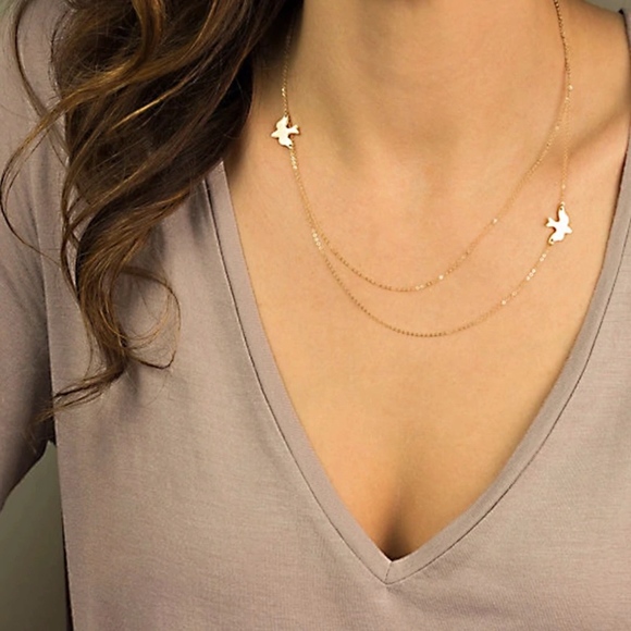 Twin Birds Layered Two Strand Gold Necklace - Picture 3 of 8